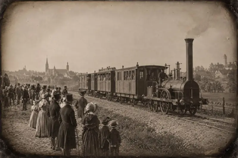 Dampflok Adler mit Holzwagen, Zuschauer in Kleidung des Biedermeier