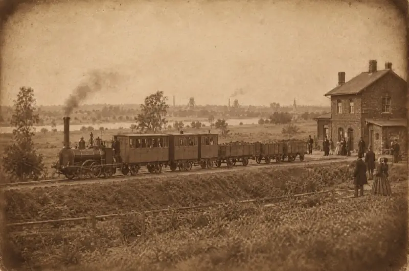 Früher Dampfzug mit Personen- und Güterwagen an einem Backsteinbahnhof in flacher Landschaft