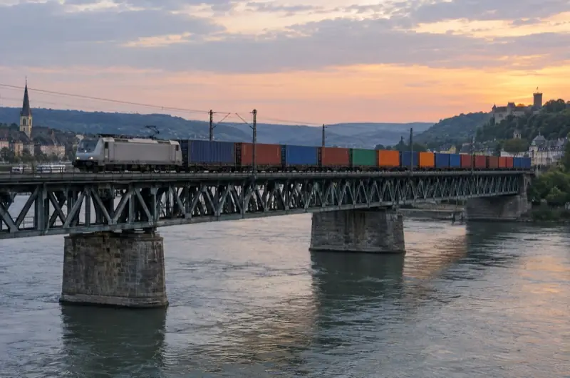 Moderne Elektrolok mit Containerzug auf einer Stahlbrücke über einen Fluss im Abendlicht