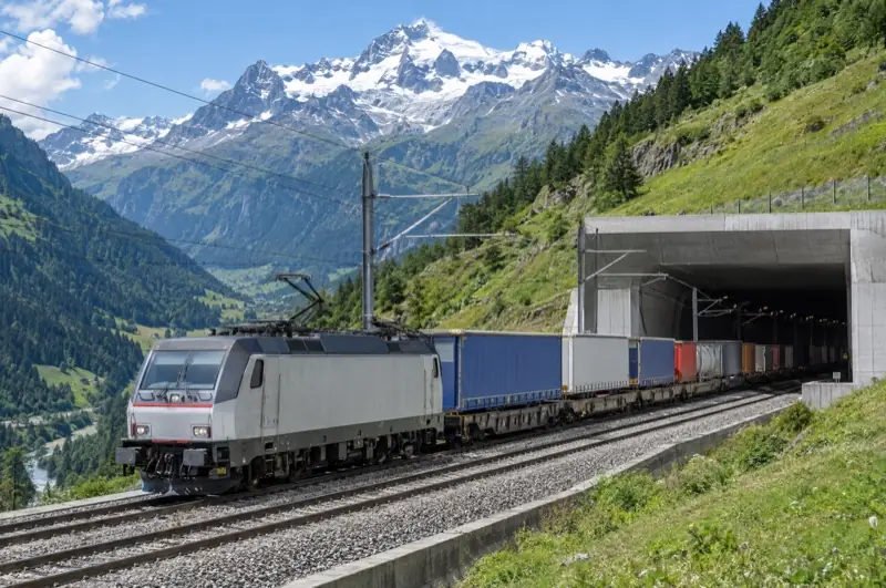 Güterzug mit Containern verlässt das Portal eines langen Tunnels vor Alpengipfeln